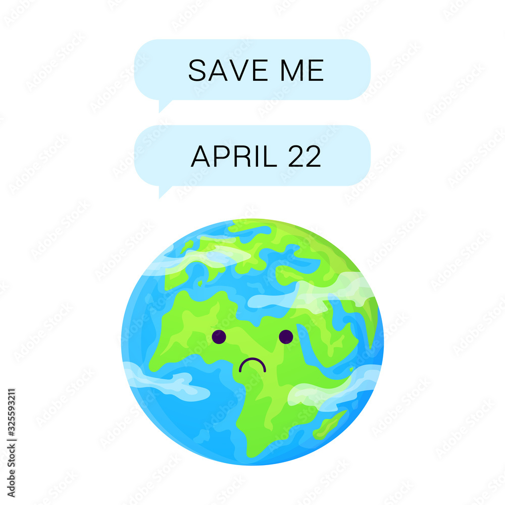 Cute cartoon earth text in messanger to save planet. World Earth day april 22 concept. Stock vector illustration isolated on white background. Cute cartoon earth text in messanger to save planet. World Earth day april 22 concept. Stock vector illustration isolated on white background.