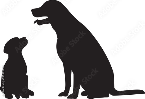Dog  with her puppy silhouette isolated on white background. Vector image