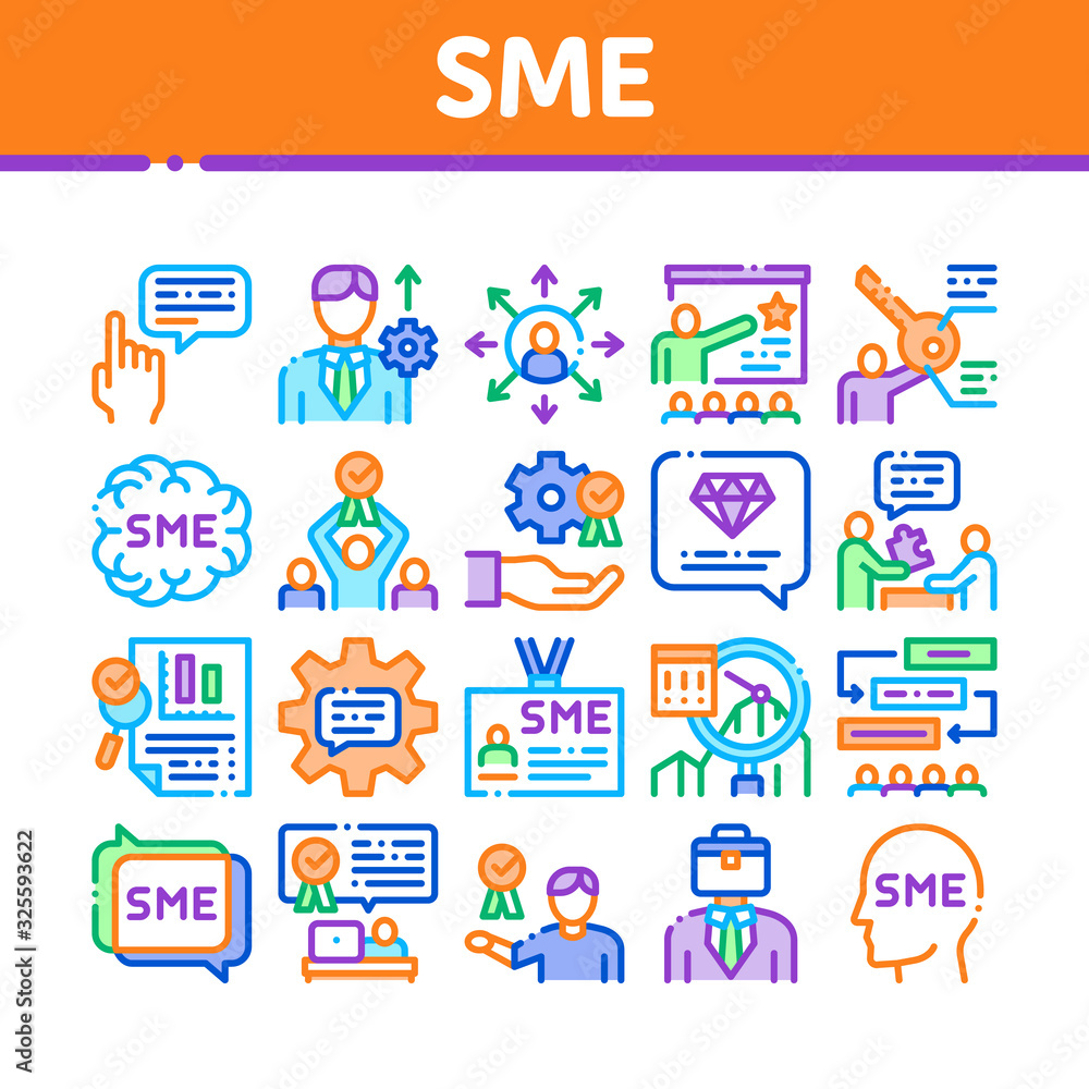 Sme Business Company Collection Icons Set Vector. Sme Small And Medium Enterprise, Communication And Education, Badge And Case Concept Linear Pictograms. Color Illustrations