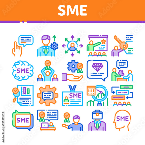 Sme Business Company Collection Icons Set Vector. Sme Small And Medium Enterprise, Communication And Education, Badge And Case Concept Linear Pictograms. Color Illustrations