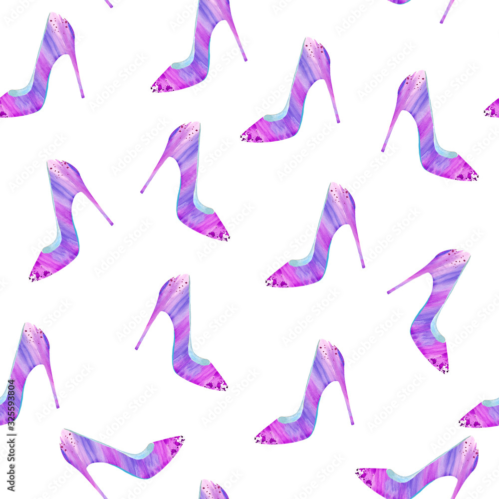Seamless Cute Pattern with High Heeled Pink Shoes. Watercolor Texture. Simple Surface Design. Modern Style. Fashion Illustration