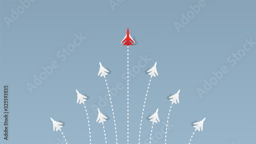 Red jet airplane leading white jets in form of arrow shape flying on blue sky.Drawing art style of business teamwork creative concept idea.Vector illustration