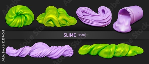 Set of green and purple realistic slimes on a black background. Vector illustration with mesh gradients.