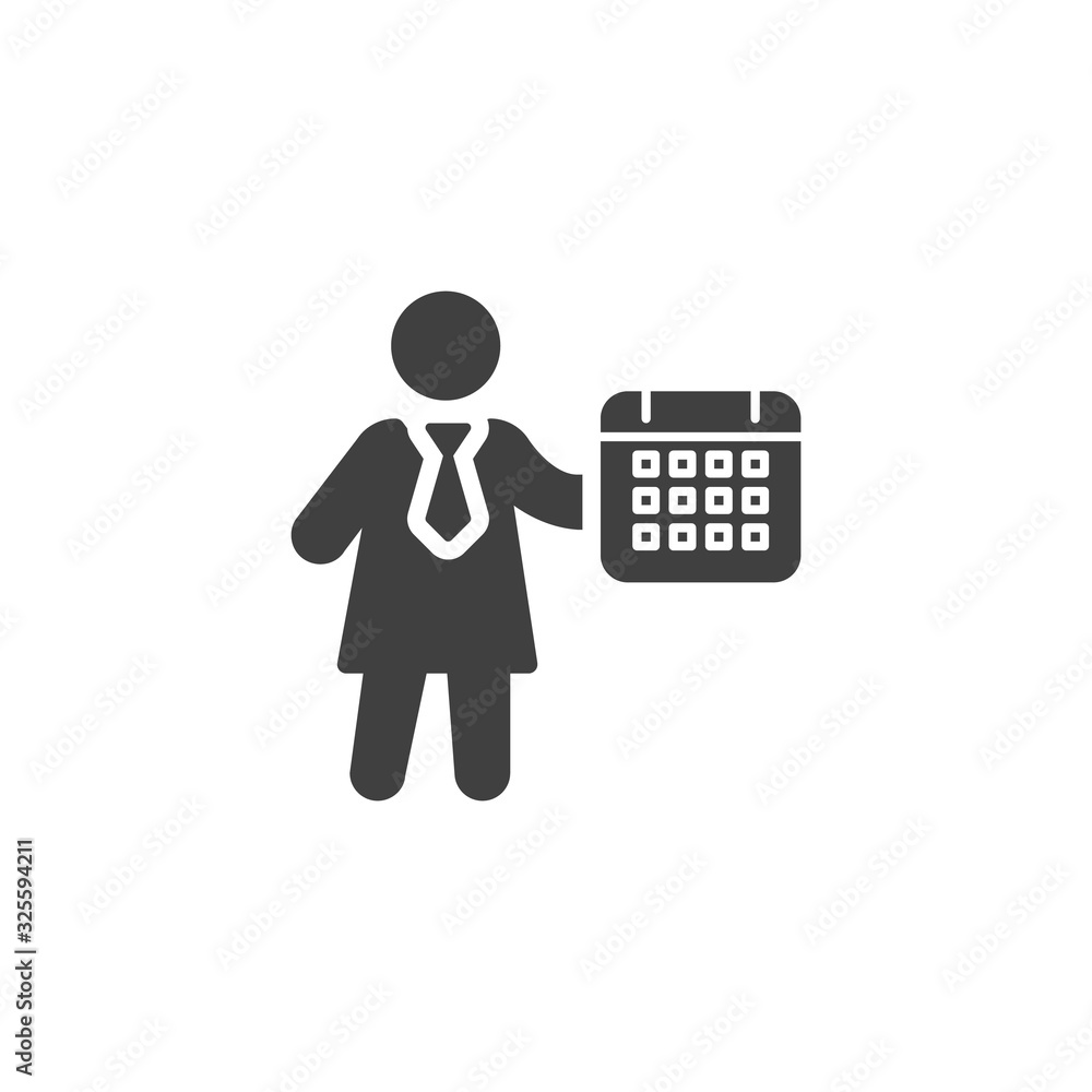 Business planning vector icon. Time management filled flat sign for mobile concept and web design. Business woman with calendar glyph icon. Symbol, logo illustration. Vector graphics Business planning vector icon. Time management filled flat sign for mobile concept and web design. Business woman with calendar glyph icon. Symbol, logo illustration. Vector graphics