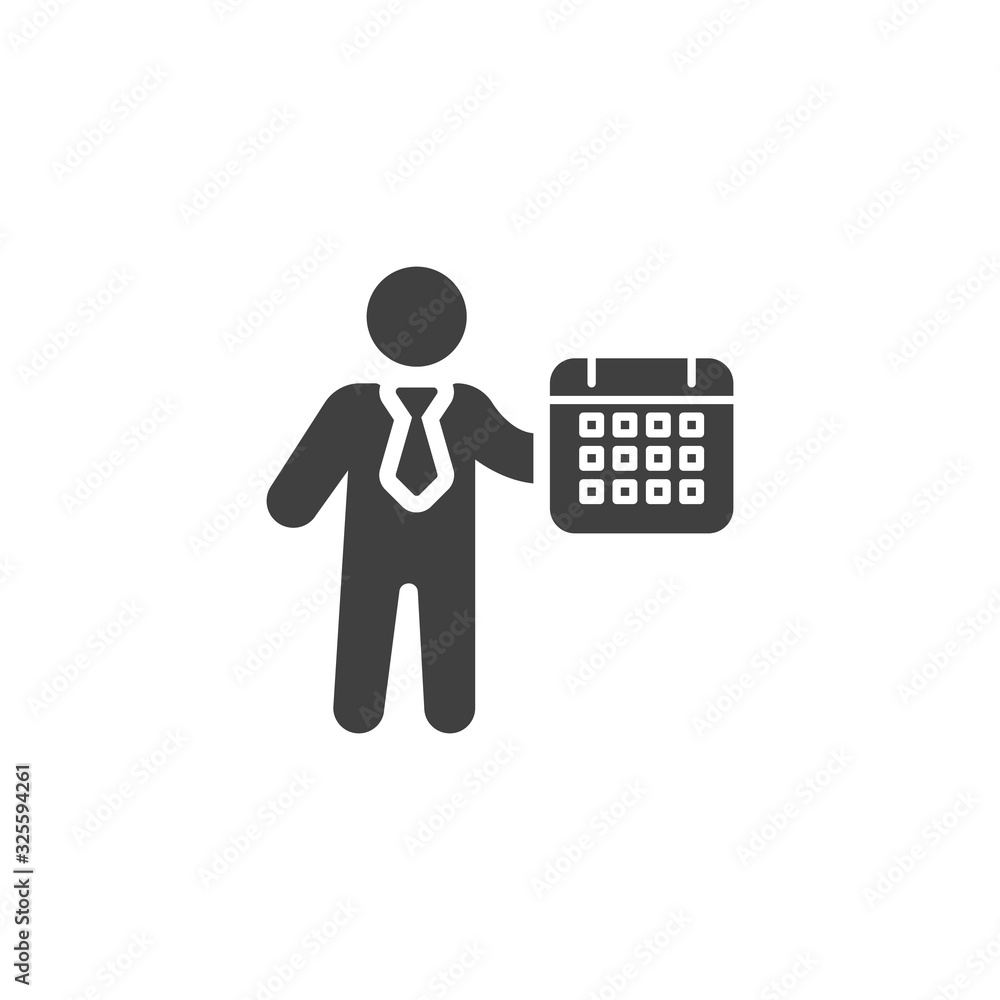 Time management vector icon. Business planning filled flat sign for mobile concept and web design. Businessman with calendar glyph icon. Symbol, logo illustration. Vector graphics Time management vector icon. Business planning filled flat sign for mobile concept and web design. Businessman with calendar glyph icon. Symbol, logo illustration. Vector graphics