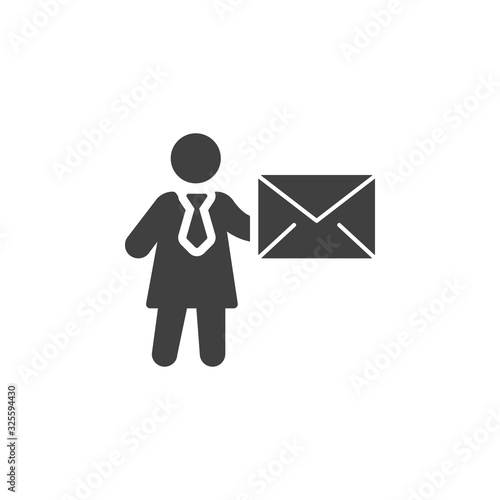 Business woman with envelope mail vector icon. filled flat sign for mobile concept and web design. Email Marketing glyph icon. Symbol, logo illustration. Vector graphics