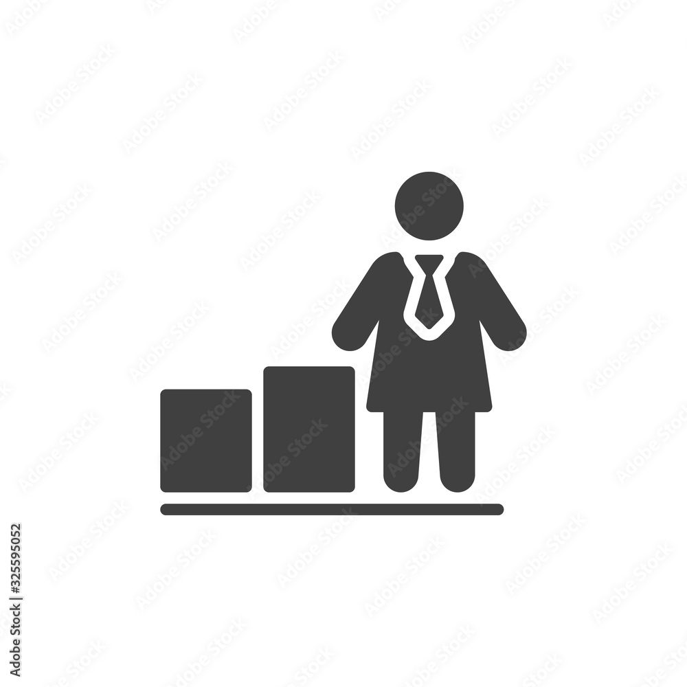 Business woman Growing graph vector icon. filled flat sign for mobile concept and web design. Businesswoman, bar chart diagram glyph icon. Symbol, logo illustration. Vector graphics Business woman Growing graph vector icon. filled flat sign for mobile concept and web design. Businesswoman, bar chart diagram glyph icon. Symbol, logo illustration. Vector graphics