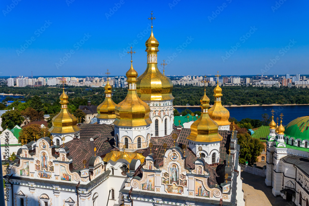 View of Dormition Cathedral of the Kyiv Pechersk Lavra (Kiev Monastery of the Caves) and the Dnieper river in Ukraine. View from Great Lavra Bell Tower