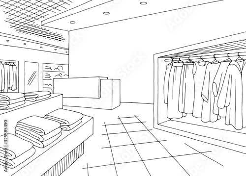 Shop store interior graphic black white sketch illustration vector