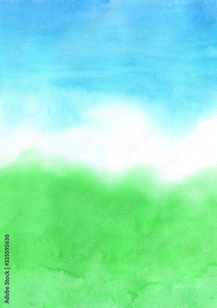 Abstract green grass and blue sky watercolor hand painting background for decoration.