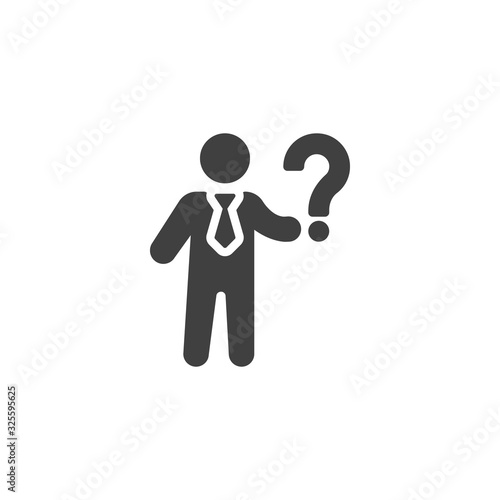 Businessman and question mark vector icon. filled flat sign for mobile concept and web design. Business question man glyph icon. Symbol, logo illustration. Vector graphics