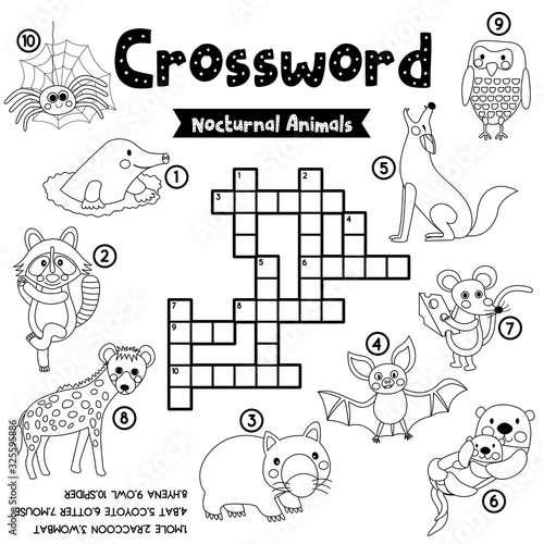 Crossword puzzle nocturnal animals coloring version