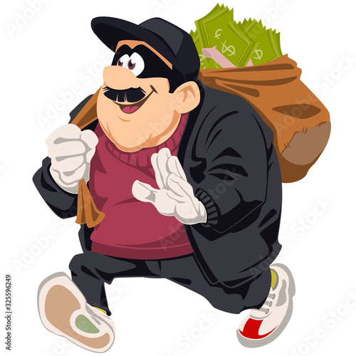Cartoon thief in mask with sack. Funny people.