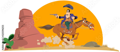 Wild west world. Cowboy on horse. Funny people.