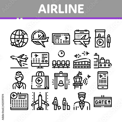Airline And Airport Collection Icons Set Vector. Airline Worldwide Direction And Ticket, Pilot And Stewardess, Airplane And Calendar Concept Linear Pictograms. Monochrome Contour Illustrations