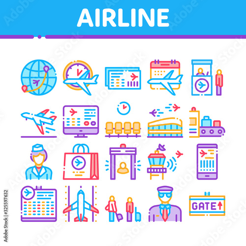 Airline And Airport Collection Icons Set Vector. Airline Worldwide Direction And Ticket, Pilot And Stewardess, Airplane And Calendar Concept Linear Pictograms. Color Illustrations