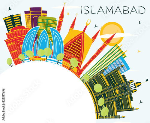 Islamabad Pakistan City Skyline with Color Buildings, Blue Sky and Copy Space.