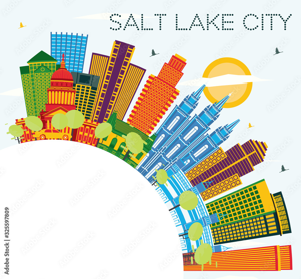 Salt Lake City Utah Skyline with Color Buildings, Blue Sky and Copy Space.