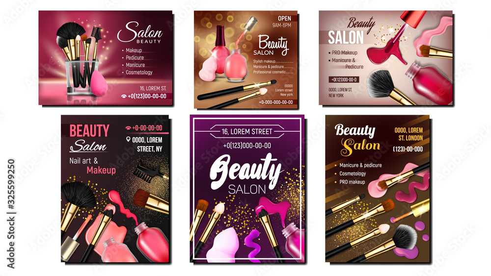 Fototapeta Beauty Salon Creative Advertise Banner Set Vector. Collection Of Different Design Poster With Glassy Vial, Nailbrushes, Color Lacquer For Nail Care And Makeup Brushes. Accessory 3d Illustration
