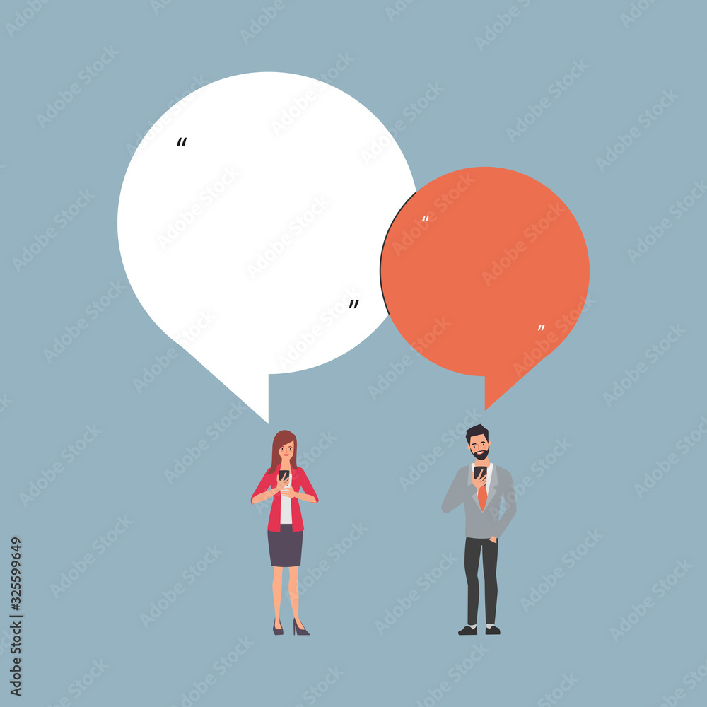 Discussing business people. Man and Woman talking on social media. Cartoon vector illustration in flat style. Discussing business people. Man and Woman talking on social media. Cartoon vector illustration in flat style.