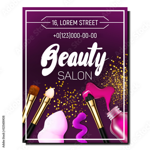 Beauty Salon Accessories Advertising Poster Vector. Vial Of Purple And Rose Nail Polish And Brushes Female Beauty Cosmetic. Paint Liquid And Sparkles On Background. Concept Template 3d Illustration