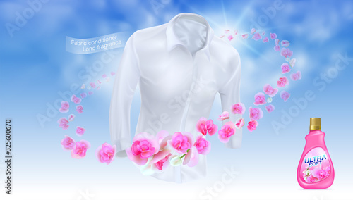 Softener, long lasting fragrance. Use a white shirt on a blue sky background surrounded by pink flowers, reflecting the soft fragrance. Realistic vector file.