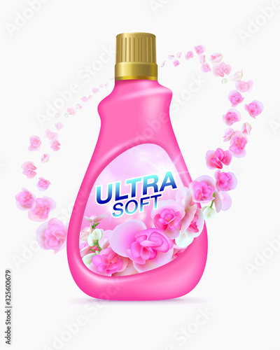 Fabric softener products Premium design with fragrant flowers, pink bottles, golden bottle cap on a white background. advertising media, fabric softeners, iron detergent, dry cleaners, detergents.