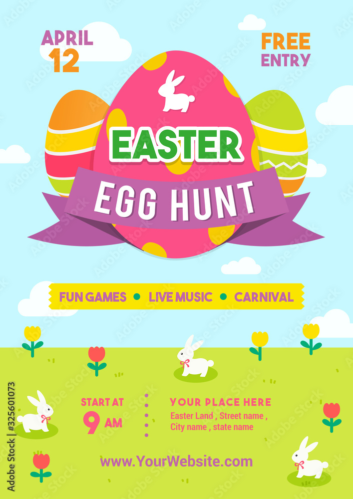 Easter egg hunt poster vector illustration. Colorful Easter egg with rabbits in spring meadow. flyer design	