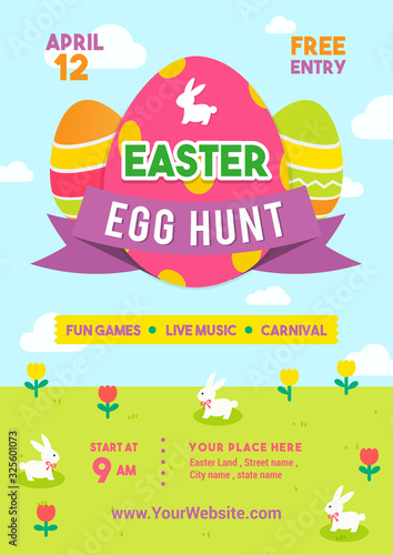 Easter egg hunt poster vector illustration. Colorful Easter egg with rabbits in spring meadow. flyer design	