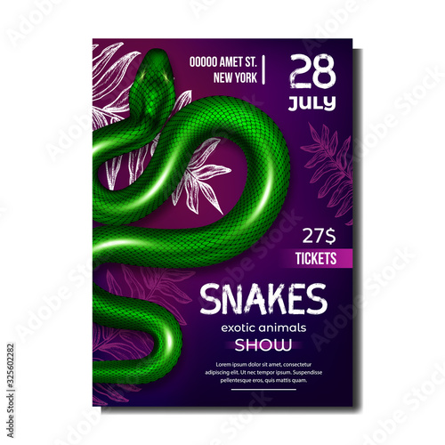 Snakes Exotic Animals Show Advertise Poster Vector. Tropical Green Snakes With Danger Poison. Wild Dangerous Palm-Pit Viper. Deadly Vertebrate Reptile Wildlife Realistic 3d Illustration