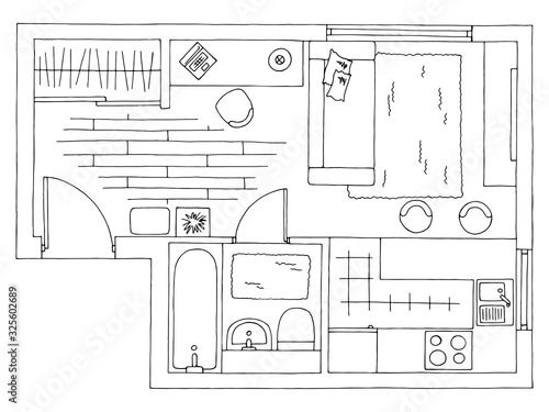 Home plan architecture interior graphic black white sketch illustration vector