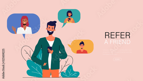 Young man have refer a friend with smartphone. Web landing page refer friend concept.