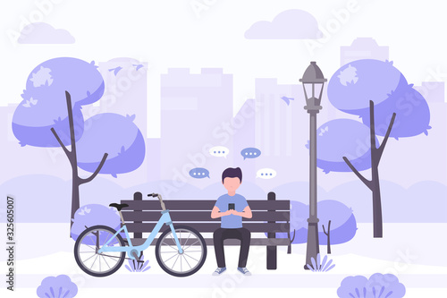 Young man sitting in city park and sending messages with smartphone. Stock vector. People and mobile technology flat illustration, chat, mobile messengers, communication in the modern world.
