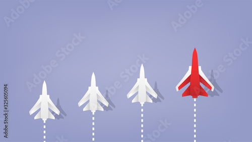 Red jet airplane leading white jets in form of arrow shape flying on blue sky.Drawing art style of business teamwork creative concept idea.Vector illustration