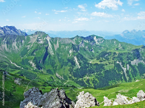 View of the Ratikon border alpine mountain massif or Rätikon Grenzmassiv (oder Raetikon) from Liechtenstein Alps - Malbun, Liechtenstein photo