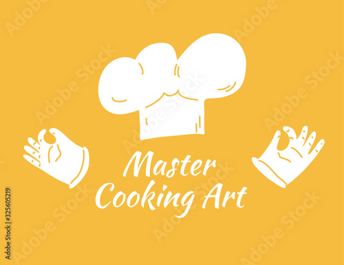 Cook concept isolated on dark background. Master Cooking Art lettering with cook professional white hat and gloves. Educational cooking logo, sign and banner