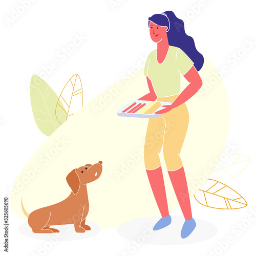Woman with Sausages in Hands Feed Rudy Dog. Vector Illustration. Broun Dog Looks Woman with Food. Park Area. Family on Barbecue in Garden. BBQ Sausages and Vegetables on Plate in Hand.