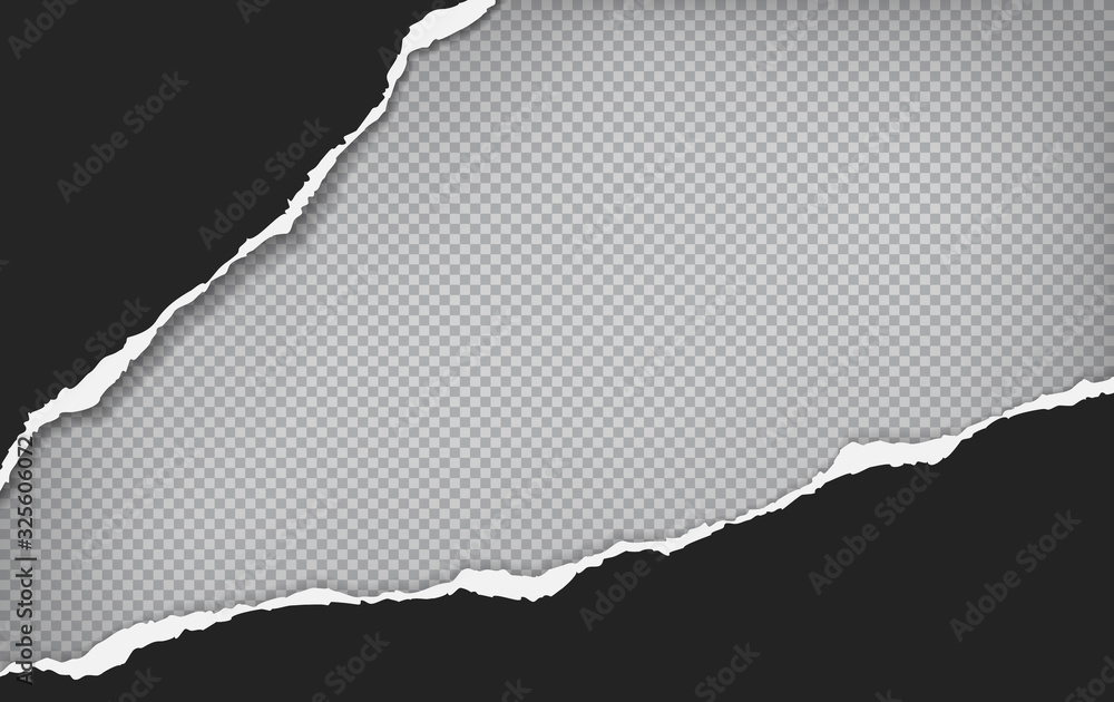 Pieces of torn, ripped black diagonal paper with soft shadow are on ...
