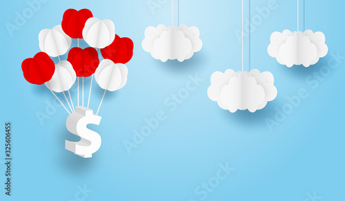 Business and finance concept. Dollar currency sign hanging with balloon on blue sky. paper art style. vector. illustration.