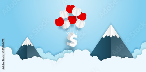 Business and finance concept. Dollar currency sign hanging with balloon on blue sky. paper art style. vector. illustration.