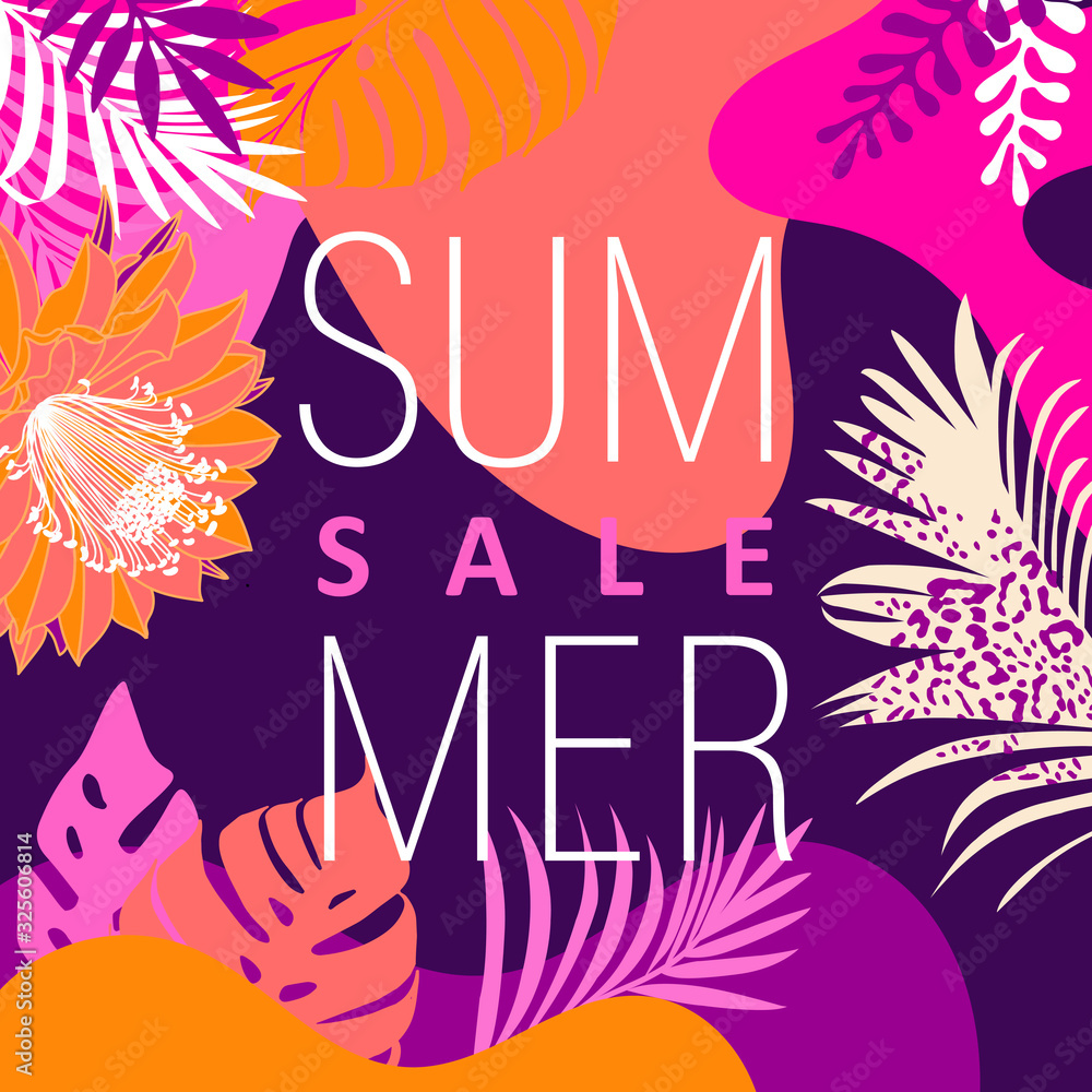 Naklejka Multicolored banner. Marketing. Summer sale background decorated with leaves. Modern poster. Special offer .