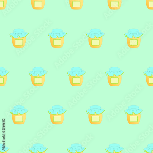 Home canning, food. Seamless pattern peach apricot sweet dessert jam juice honey, glass jar with a lid with a sticker label. Design for kitchen textiles, fabric, wrapping paper, packaging, tablecloth