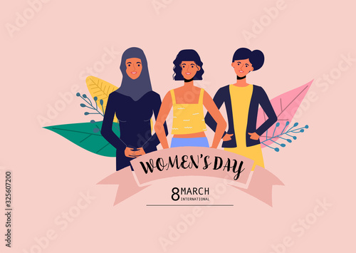 Women's day international Landing Page Template.Young Women People Characters for ui, web, mobile app, poster and banner.