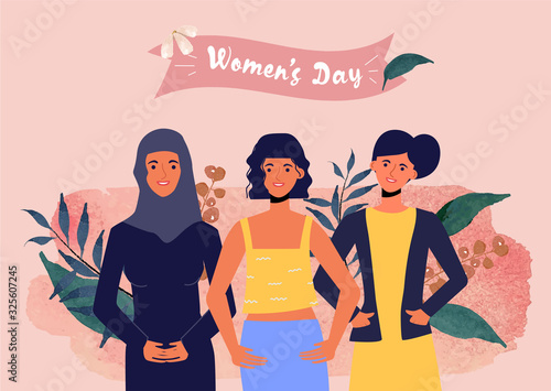 Women's day international Landing Page Template.Young Women People Characters for ui, web, mobile app, poster and banner.