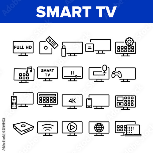 Smart Tv Television Collection Icons Set Vector. Smart Tv Electricity Technology Full Hd And 4k, Gaming And Video Device Concept Linear Pictograms. Monochrome Contour Illustrations