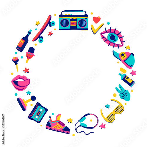 Frame retro icons elements in trendy 80s-90s goods set hand-drawn cartoon style. Vector