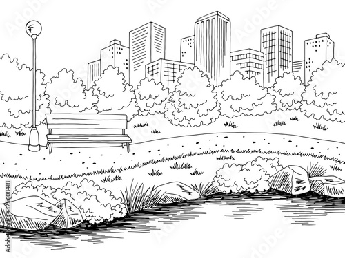 Park river graphic black white city landscape sketch illustration vector