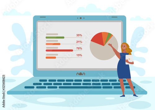 Tiny Cartoon Woman Character Presenting Analytical Results on Huge Laptop Flat Data Screen. Successful Digital Marketing. Business Metrics. Sales Statistics in Percentage Ratio. Vector Illustration