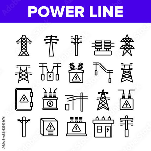 Power Line Electricity Collection Icons Set Vector. Power Line Tower And Electric Wire Cord, Transformer And Lightning Mark Concept Linear Pictograms. Monochrome Contour Illustrations