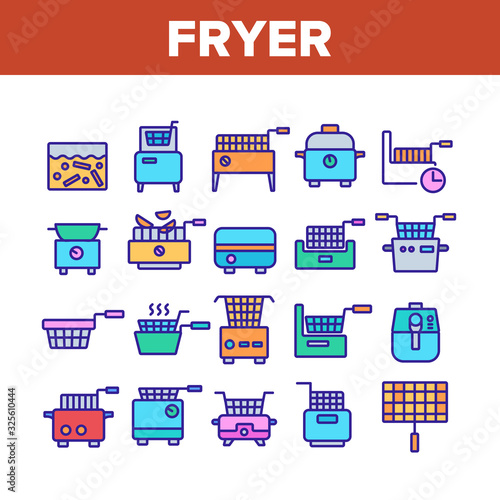 Fryer Electronic Tool Collection Icons Set Vector. Fryer Electric Equipment For Cooking Hot Fry Fat Potato And Chicken Food Concept Linear Pictograms. Color Illustrations